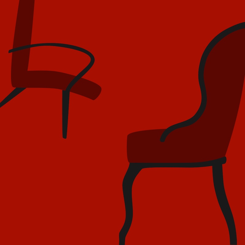Grafik mit Stühlen auf rotem Hintergrund